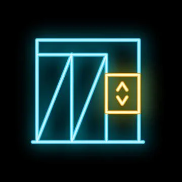 Glowing neon line elevator doors icon isolated on black background. Vector il Ilustración de archivo