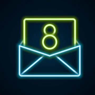 Glowing neon line Envelope with 8 March icon isolated on black background. .. Ilustração Stock