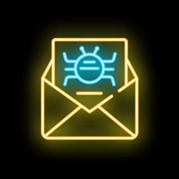 Glowing neon line envelope with computer virus icon isolated on black backgro 스톡 일러스트