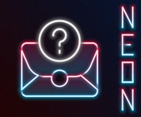 Glowing neon line Envelope with question mark icon isolated on black background Stock Illustration