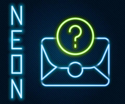 Glowing neon line Envelope with question mark icon isolated on black background Stock Illustration
