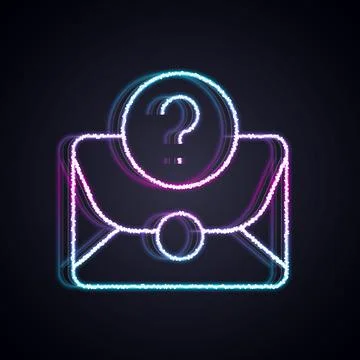 Glowing neon line Envelope with question mark icon isolated on black background Stock Illustration