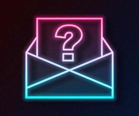 Glowing neon line Envelope with question mark icon isolated on black background Stock Illustration