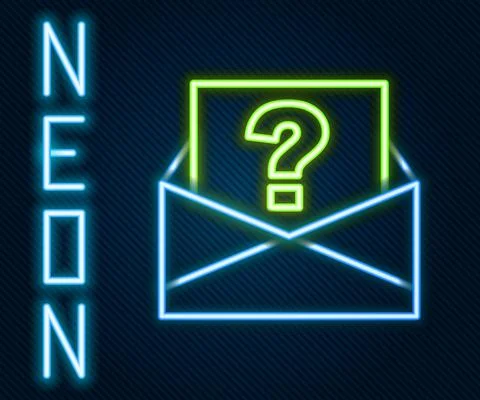 Glowing neon line Envelope with question mark icon isolated on black background Stock Illustration