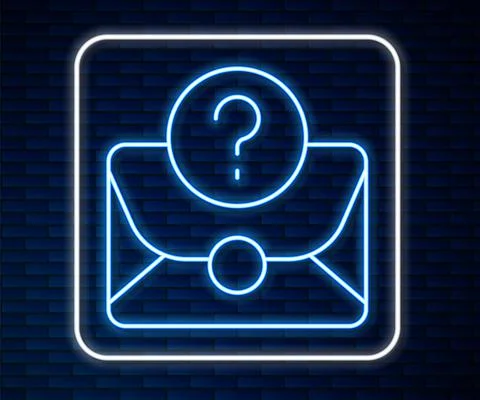 Glowing neon line Envelope with question mark icon isolated on brick wall Stock Illustration