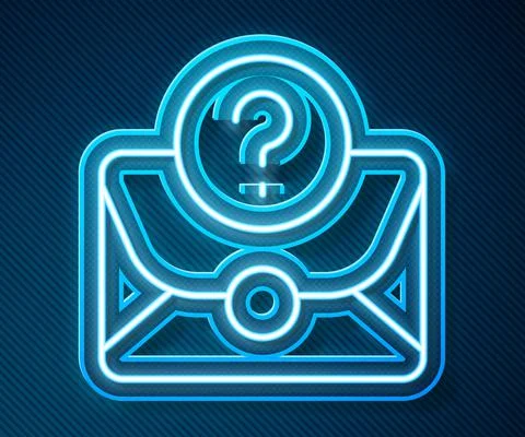 Glowing neon line Envelope with question mark icon isolated on blue background Stock Illustration