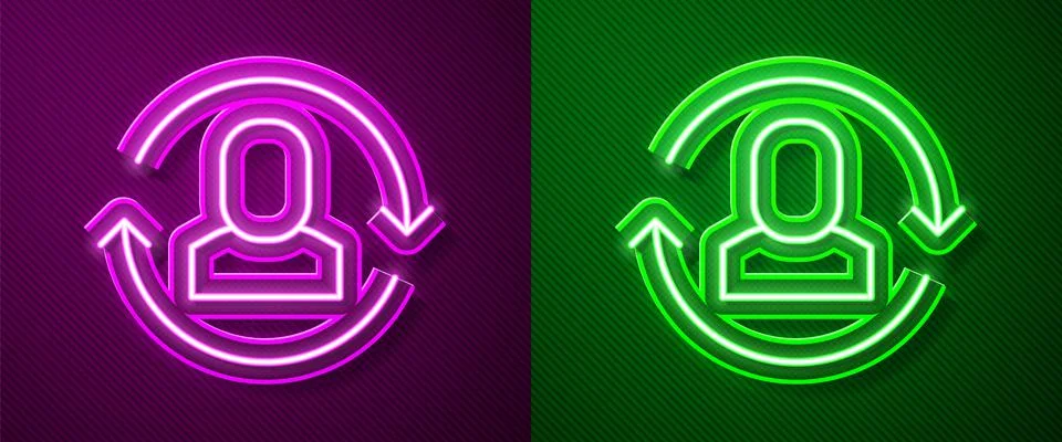 Glowing neon line Exchange work icon isolated on purple and green background. 스톡 일러스트