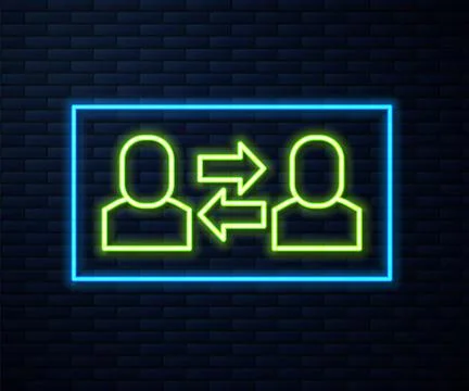 Glowing neon line Exchange work icon isolated on brick wall background. Inf.. Stock Illustration