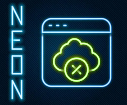 Glowing neon line Failed access cloud storage icon isolated on black background Stock Illustration