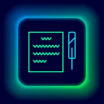 Glowing neon line Feather pen and paper scroll icon isolated on black background Stock Illustration