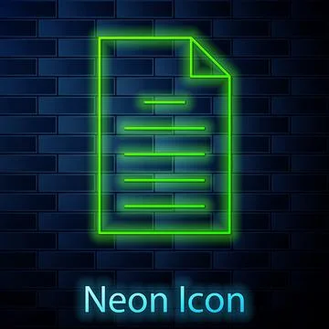 Glowing neon line File document icon isolated on brick wall background. Check Illustrazione stock
