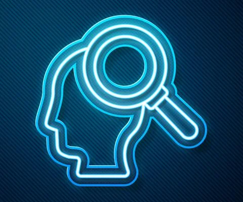 Glowing neon line Finding a problem in psychology icon isolated on blue Stock Illustration