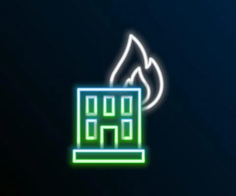 Glowing neon line Fire in burning building on city street icon isolated on black Ilustración de archivo