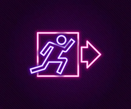 Glowing neon line Fire exit icon isolated on black background. Fire emergen.. Stock Illustration