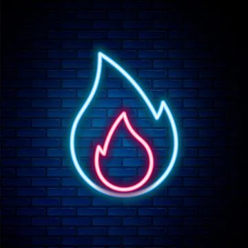 Glowing neon line Fire flame icon isolated on brick wall background. Heat symbol Stock Illustration
