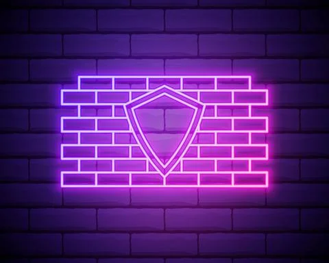 Glowing neon line Firewall, security wall icon isolated on brick wall backgro Illustrazione stock