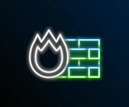 Glowing neon line Firewall, security wall icon isolated on black background.. 스톡 일러스트