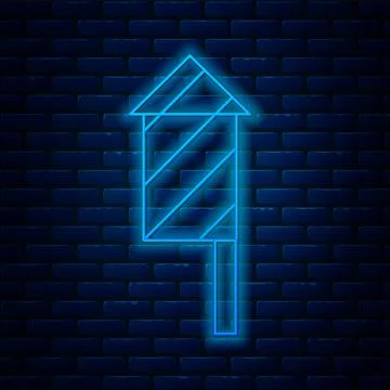 Glowing neon line Firework rocket icon isolated on brick wall background Stock Illustration