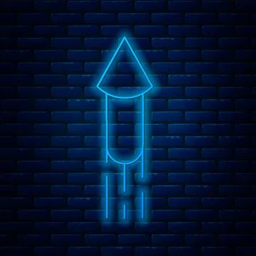 Glowing neon line Firework rocket icon isolated on brick wall background Stock Illustration