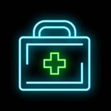 Glowing neon line first aid kit icon isolated on black background Stock Illustration