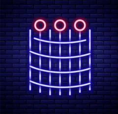Glowing neon Fishing net icon isolated on brick wall background. Fishing  tackle: Graphic #209665885