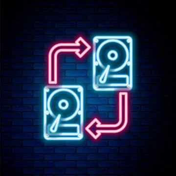 Glowing neon line A fixed data storage device hard disk with arrows, data copy Stock Illustration