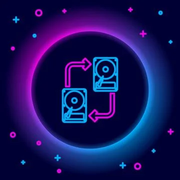 Glowing neon line A fixed data storage device hard disk with arrows, data copy Stock Illustration