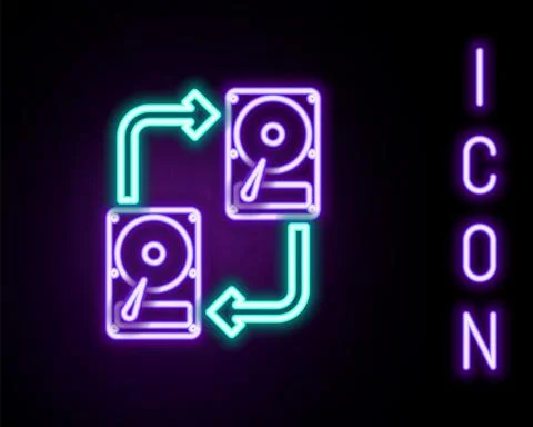 Glowing neon line A fixed data storage device hard disk with arrows, data copy Stock Illustration