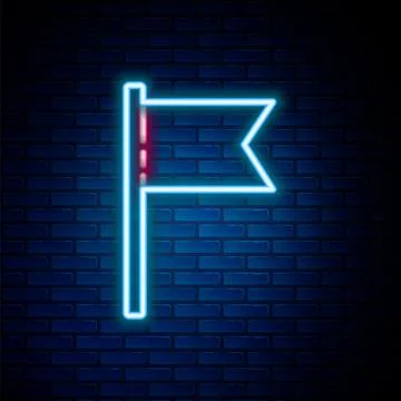 Glowing neon line Flag icon isolated on brick wall background. Location marker Stock Illustration