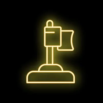 Glowing neon line flag standing on podium icon isolated on black background.. Stock Illustration