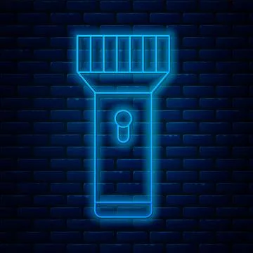 Glowing neon line Flashlight for diver icon isolated on brick wall background Stock Illustration
