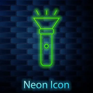 Glowing neon line Flashlight icon isolated on brick wall background. Vector Stock Illustration