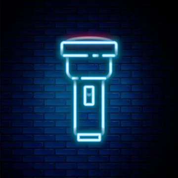 Glowing neon line Flashlight icon isolated on brick wall background. Colorf.. Stock Illustration
