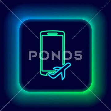 Glowing neon line Flight mode in the mobile phone icon isolated on