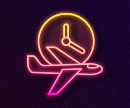 Glowing neon line Flight time icon isolated on black background.  Vector Stock Illustration
