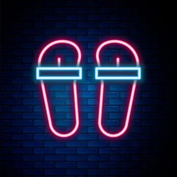 Glowing neon line Flip flops icon isolated on brick wall background. Beach .. Stock Illustration