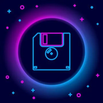 Glowing neon line Floppy disk for computer data storage icon isolated on black Stock Illustration