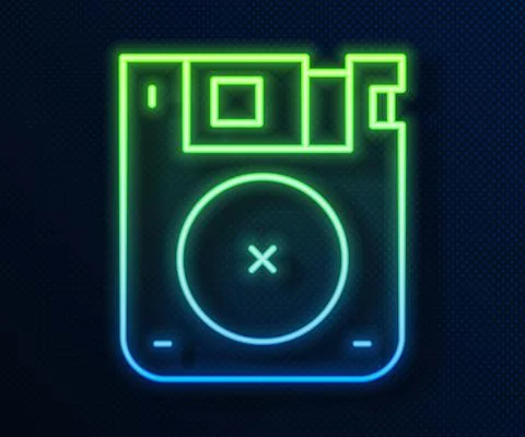 Glowing neon line Floppy disk for computer data storage icon isolated on blue Illustrazione stock