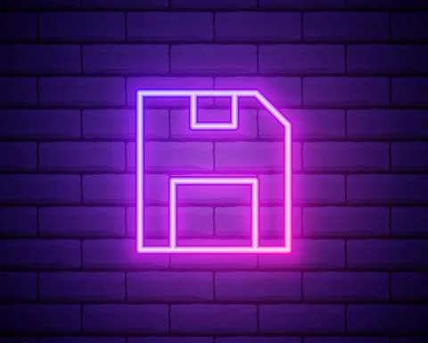 Glowing neon line Floppy disk for computer data storage icon isolated on bric Illustrazione stock