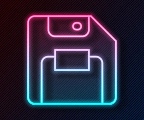 Glowing neon line Floppy disk for computer data storage icon isolated on black Stock Illustration