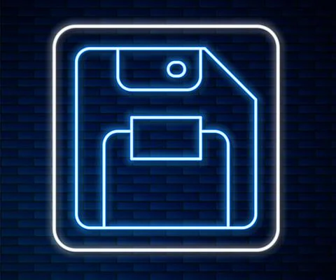 Glowing neon line Floppy disk for computer data storage icon isolated on brick Illustrazione stock