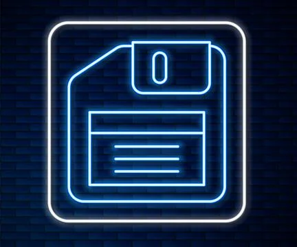 Glowing neon line Floppy disk for computer data storage icon isolated on bric Illustrazione stock
