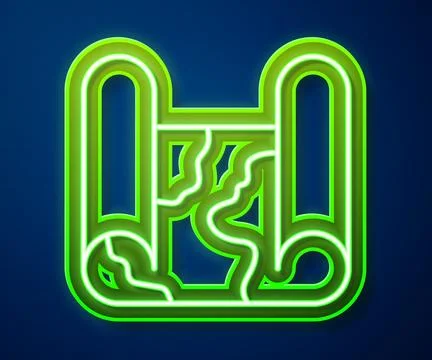 Glowing neon line Folded map icon isolated on blue background.  Vector Illustrazione stock