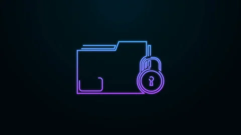 Glowing neon line Folder and lock icon isolated on black background. Closed Video stock 140158902
