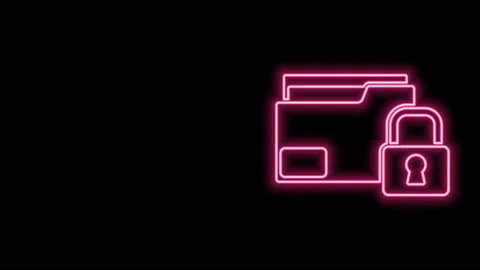 Glowing neon line Folder and lock icon isolated on black background. Closed Video stock 141162649