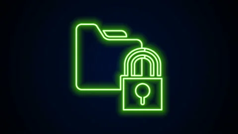 Glowing neon line Folder and lock icon isolated on black background. Closed Stock Footage 144413742