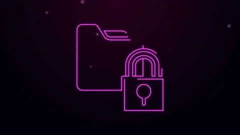 Glowing neon line Folder and lock icon isolated on black background. Closed Video stock 144450226
