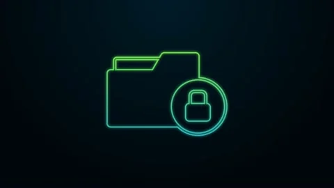 Glowing neon line Folder and lock icon isolated on black background. Closed Video stock 225896378