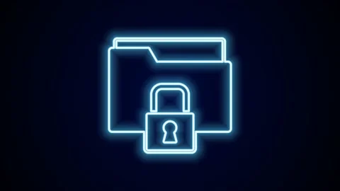 Glowing neon line Folder and lock icon isolated on black background. Closed Video stock 227449364