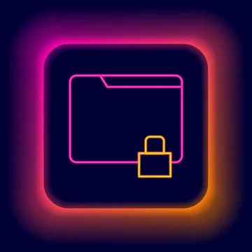 Glowing neon line Folder and lock icon isolated on black background. Closed Stock Illustration